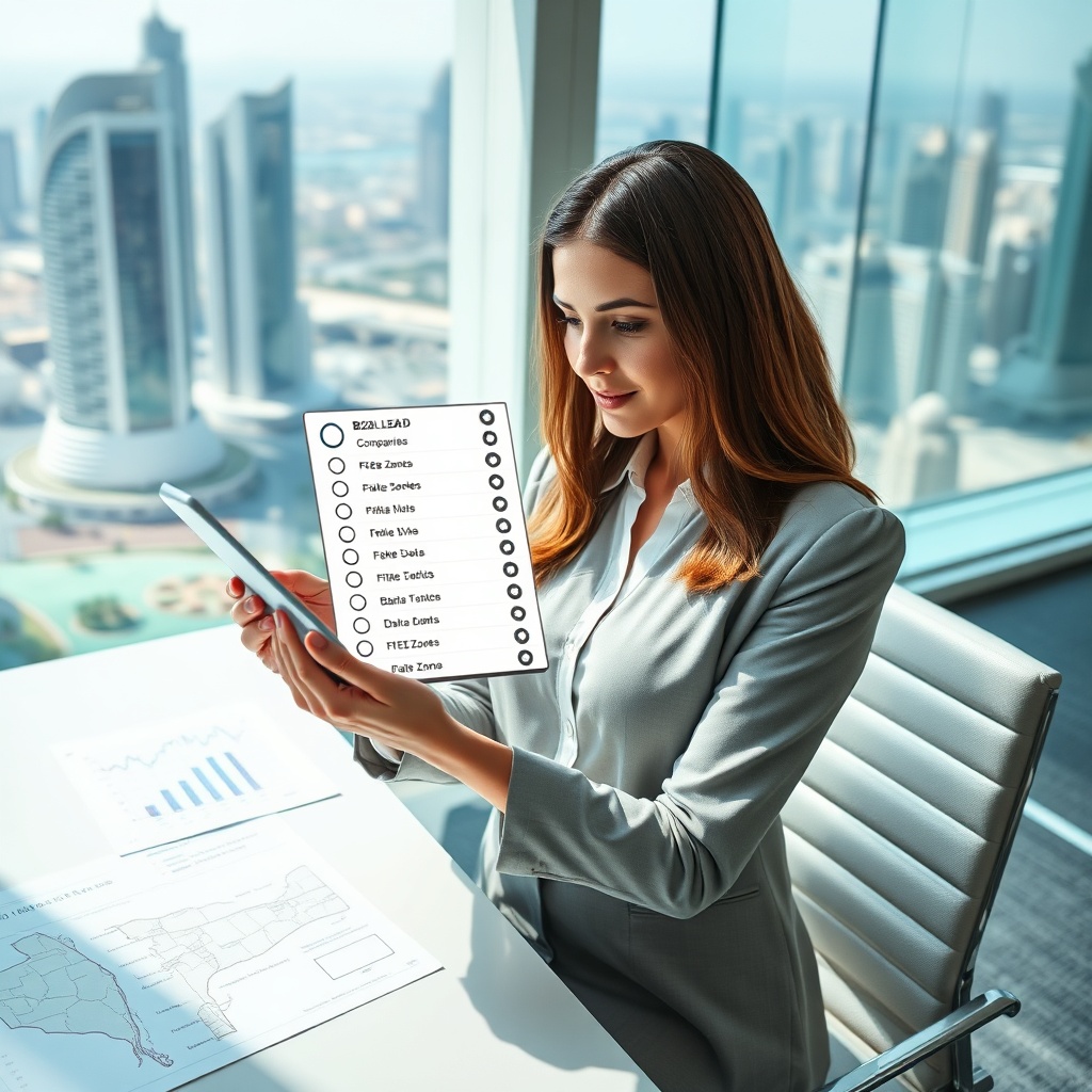 Businesswoman reviewing a verified B2B lead list Dubai on a tablet, with data verification symbols and a map of Dubai free zones.